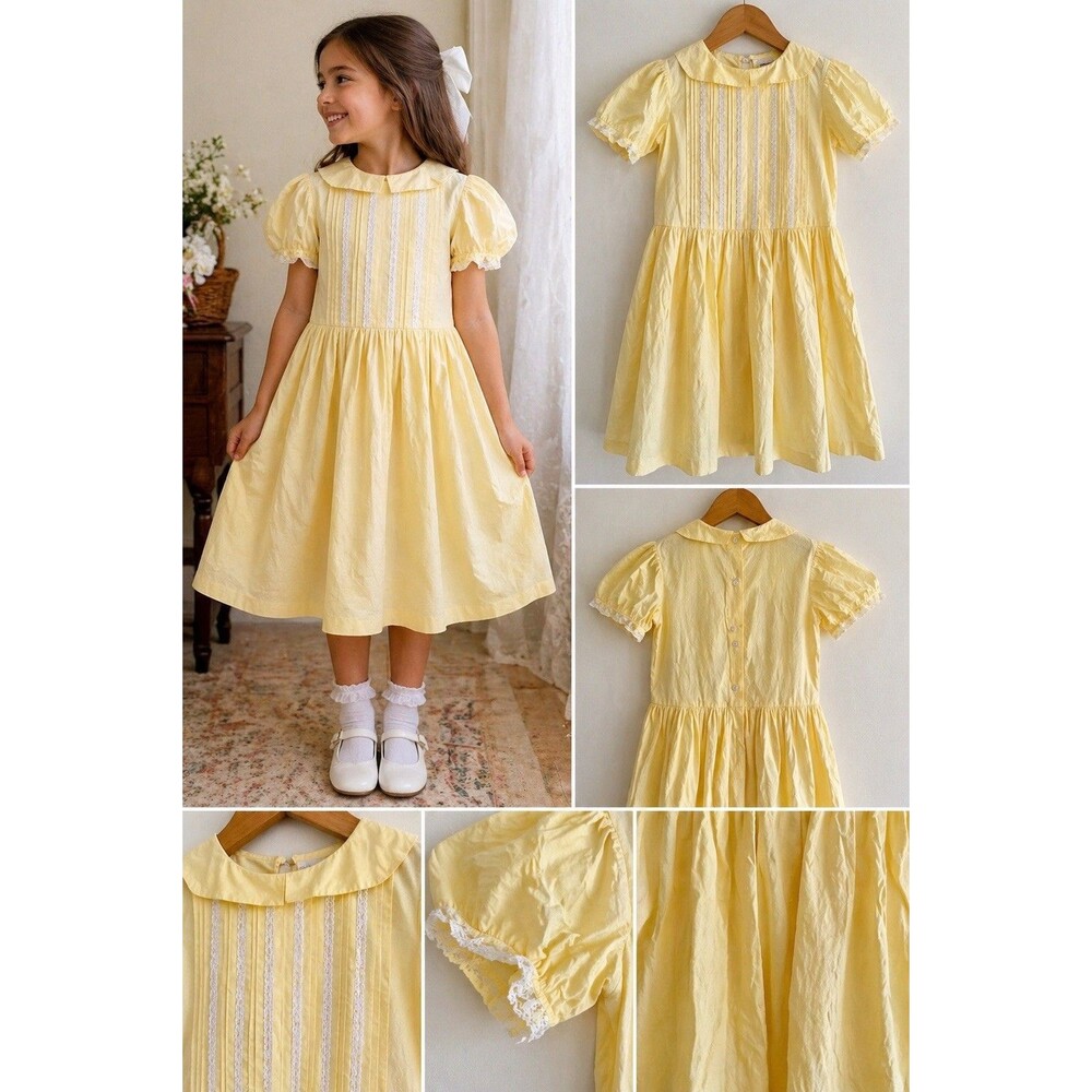 VTG Girls Sunshine Yellow Prairie Dress 7 Lace Pintuck Handmade Cottagecore 70s